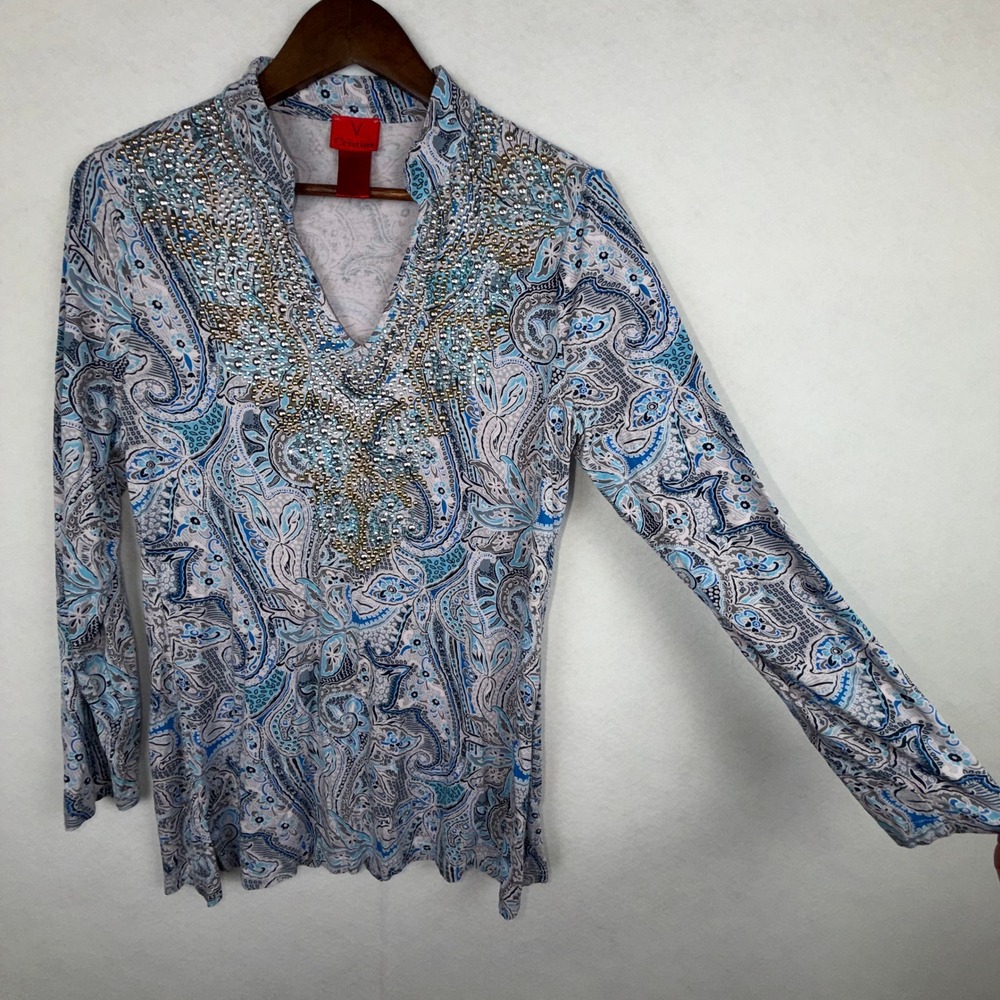 V Cristina Women Large Blue Paisley Rhinestone Embellished Top Boho Vintage Y2k - Picture 6 of 8